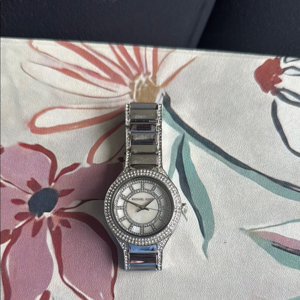 Michael Kors Silver Watch with Crystal Accents and mother of pearl face
